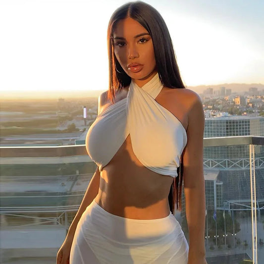 Crop Top Corset Halter – Blanco Sexy con Hebilla y Estilo Y2K